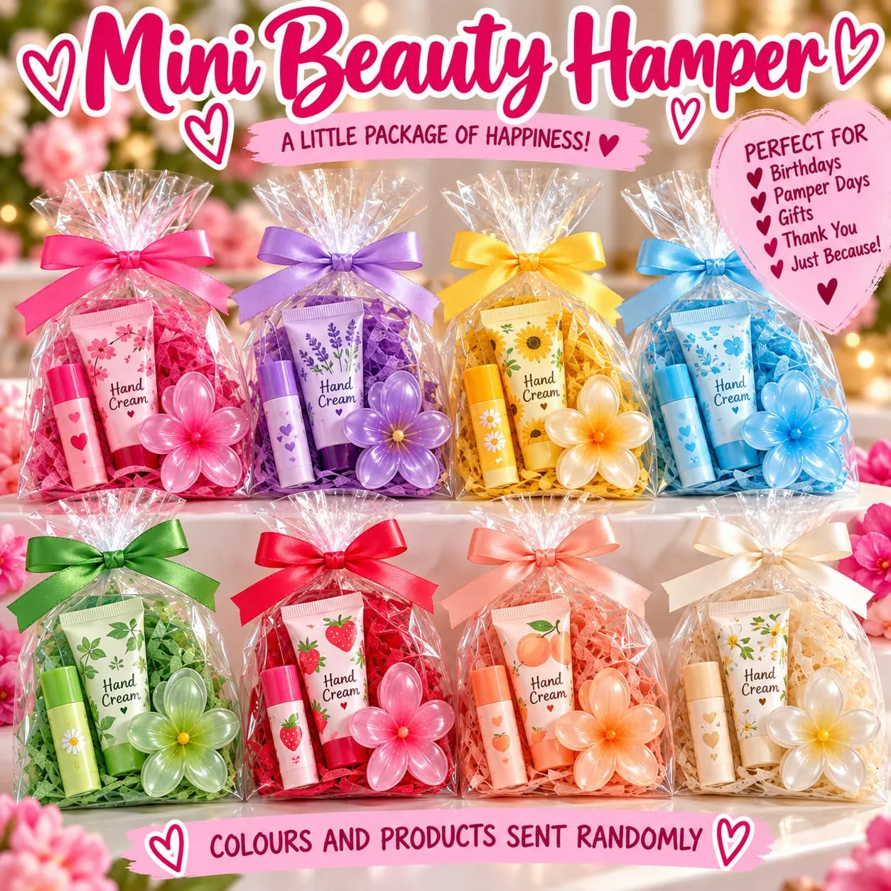 Self-care gift pack with hand cream, lip balm and flower hair clip