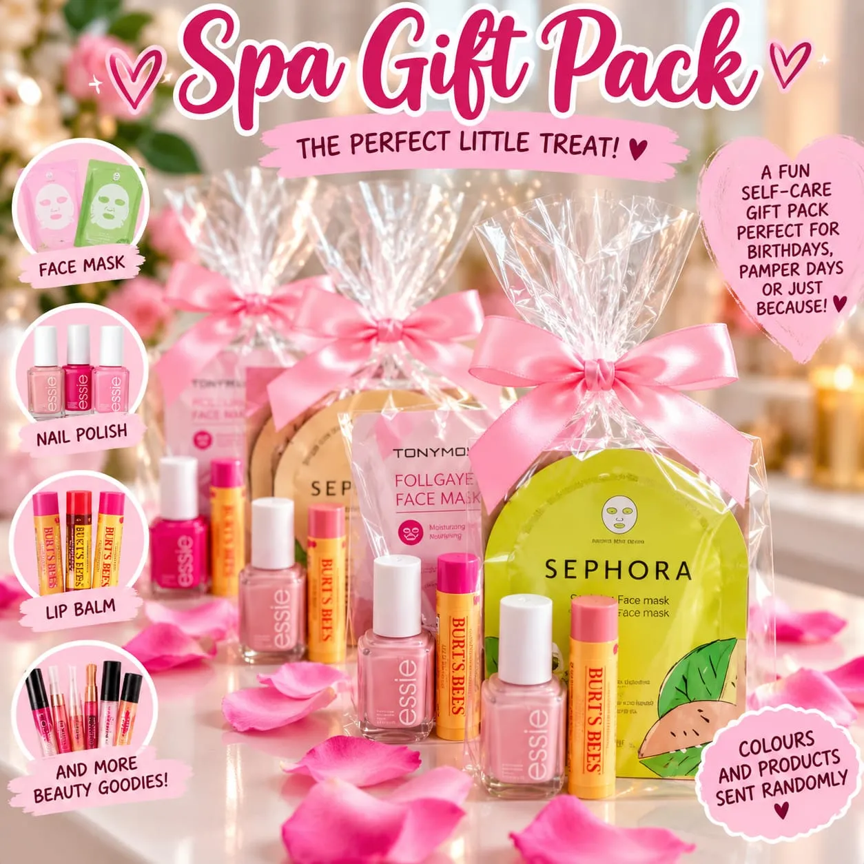 Pampering self-care gift pack with face mask, nail polish and lip balm
